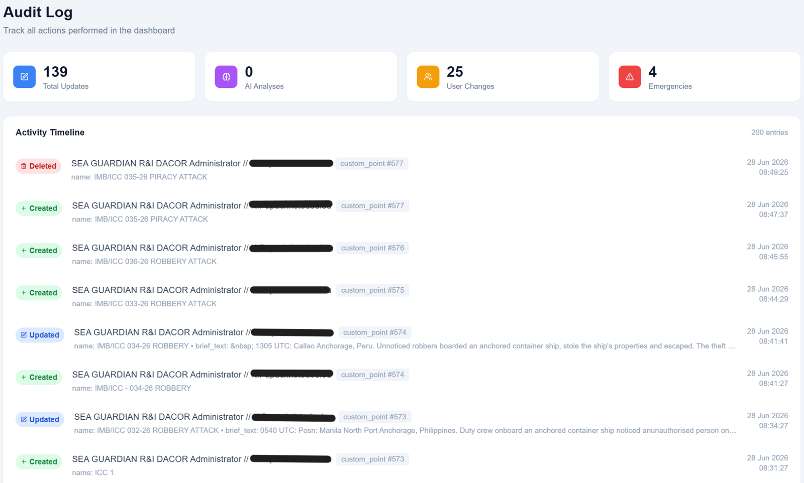 Sea Guardian audit log showing forensic action tracking with RBAC — IMB/ICC incident entries, timestamps, and user actions